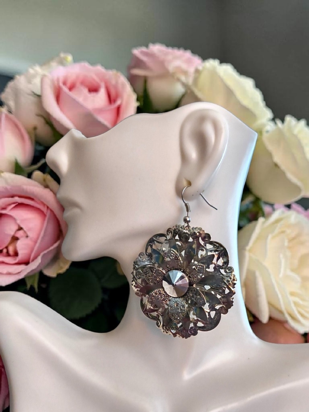 Round Elegant Pink Floral Silver-toned Drop Earrings